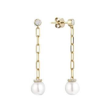 14kt Gold Diamond 8mm Cultured Pearl Paper Clip Drop Earrings