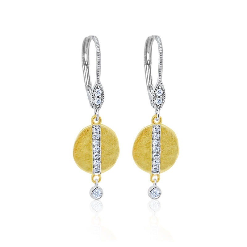 14kt Yellow and White Brushed Gold Diamond Drop Earrings