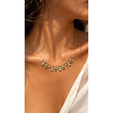 14kt Yellow Gold Blue Topaz Emerald Diamond Dangle