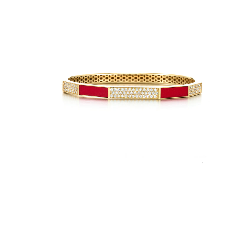 18kt Yellow Gold Diamond and Coral 12 Sided Bangle