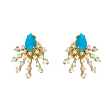 14kt Yellow Gold Diamond and Turquoise Stud Fan Earrings