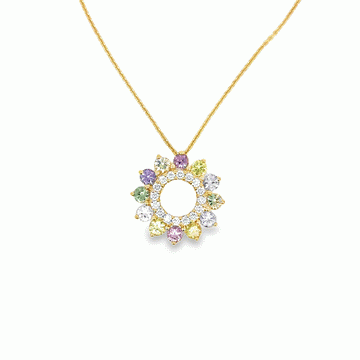 18kt Yellow Gold Double Circle Multi-Color Sapphire & Diamond Pendant Necklace