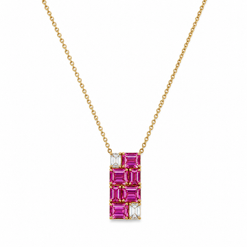 18kt Pink Gold Pink Sapphire & Diamond Baguette Drop Pendant