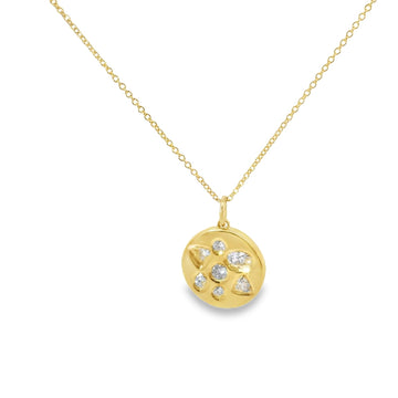18kt Yellow Gold Gypsy Disc Oval, Round, and Triangle Diamond Pendant Necklace