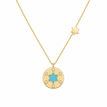 14kt Yellow Gold Turquoise Star of David Diamond Disc Pendant