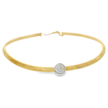 18kt Yellow Gold Ribbed Collar Pave Disc Necklace