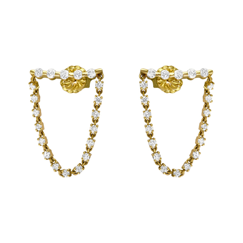 14kt Yellow Gold Diamond Bar U Shape Chain Link Earrings