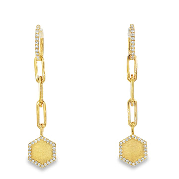 18kt Yellow Gold Diamond Hoop Drop Sandblast Hexagon Diamond Disc Earrings