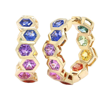 18kt Yellow Gold Rainbow Sapphire Hoop Earrings