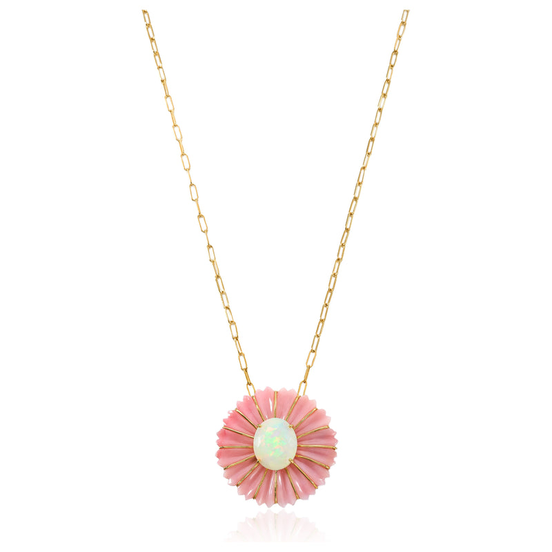 14kt Yellow Gold Pink Opal and Ethiopian Opal Flower Pendant