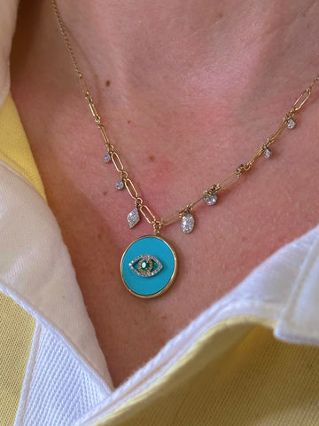 14kt Yellow Gold Diamond Emerald Turquoise Evil Eye