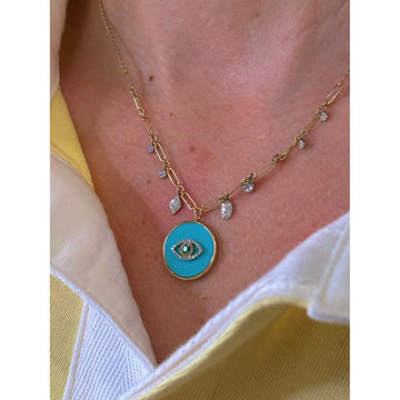 14kt Yellow Gold Diamond Emerald Turquoise Evil Eye