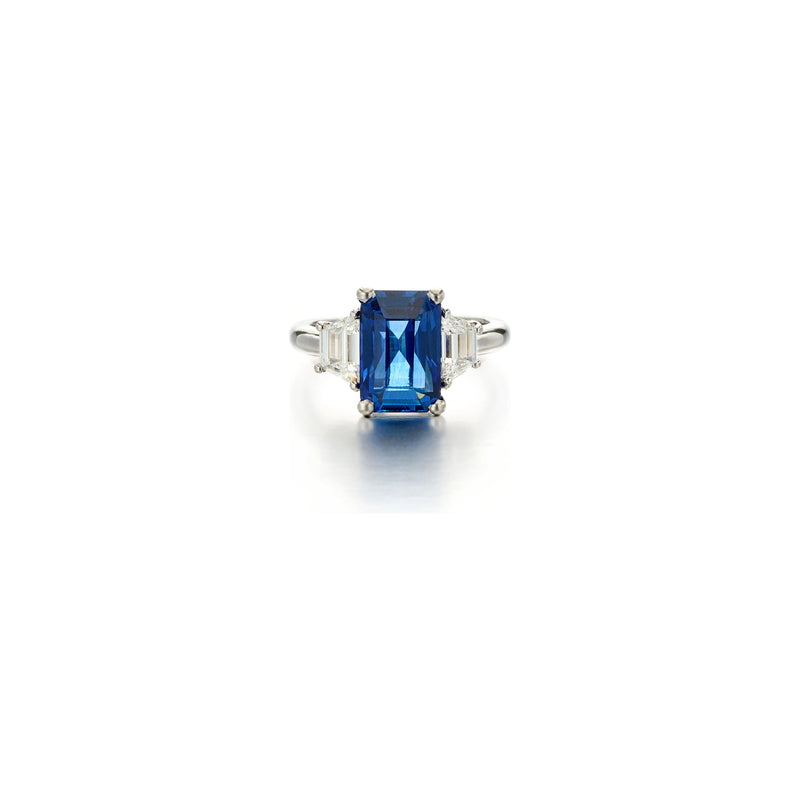 Platinum Blue Sapphire Diamond Trapezoid Ring