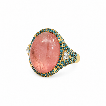 18kt Rose Gold Cabochon Pink Morganite Ring with Blue Diamond Halo & Rose-Cut Diamonds 1