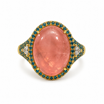 18kt Rose Gold Cabochon Pink Morganite Ring with Blue Diamond Halo & Rose-Cut Diamonds 1