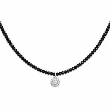 9kt White Gold Black Spinel Bead Necklace with Pavé Diamond Disc Pendant