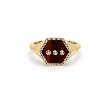 14kt Yellow Gold Tiger Eye & Diamond Hexagon Signet Ring