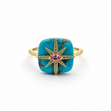 14kt Yellow Gold Turquoise, Pink Sapphire & Diamond Sunburst Ring