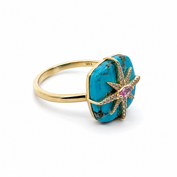 14kt Yellow Gold Turquoise, Pink Sapphire & Diamond Sunburst Ring