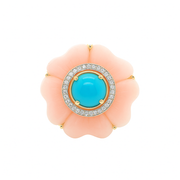 14kt Yellow Gold Pink Opal Floral Turquoise Diamond Ring