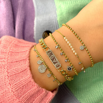 14kt Yellow Gold Dainty Cuban Chain Pave Charm Bracelet