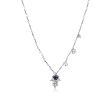 14kt White Gold Diamond and Blue Sapphire Hamsa