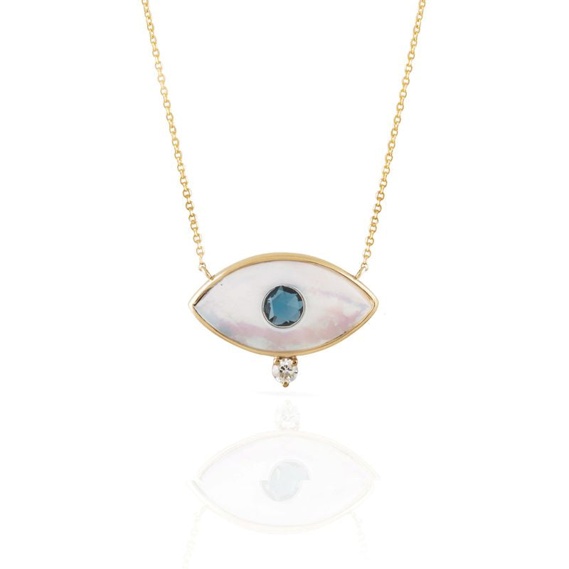 14kt Yellow Gold MOP Blue Topaz Diamond Evil Eye Necklace