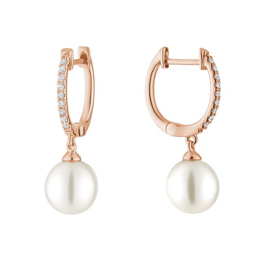 Rose Gold Huggie Pearl Drop Diamond Earrings 0.18ct