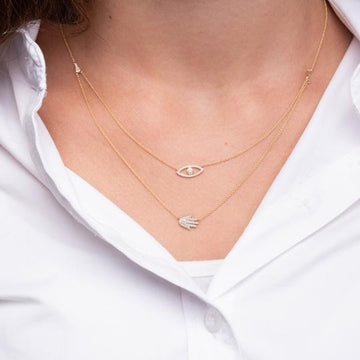 White Gold Double Necklace With Diamond Evil Eye & Hamsa Pendant
