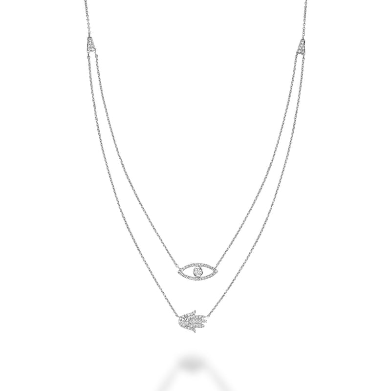 White Gold Double Necklace With Diamond Evil Eye & Hamsa Pendant