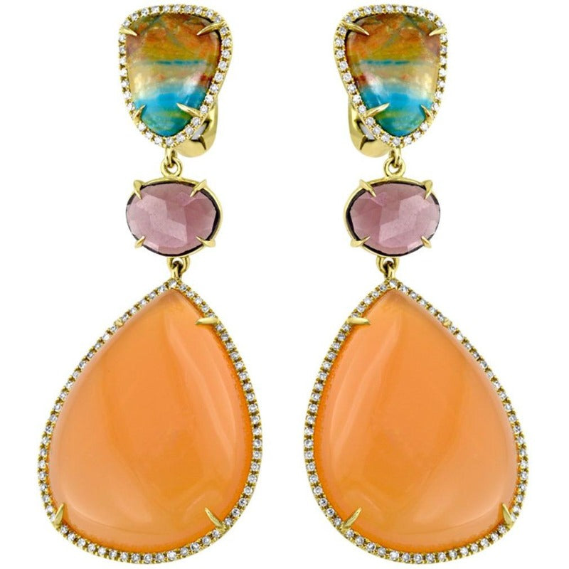 14kt Chrysocolla Cuprite Opal Rubellite & Diamond Earrings