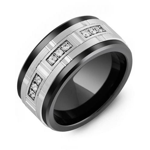11mm Black Ceramic 14K White Gold Ring 9 Diamonds tcw 0.18