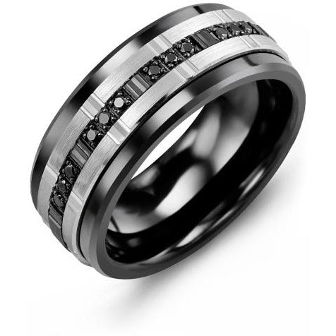 9mm Black Ceramic 14K White/Black/White Gold Ring 12 Black Diamonds tcw 0.12