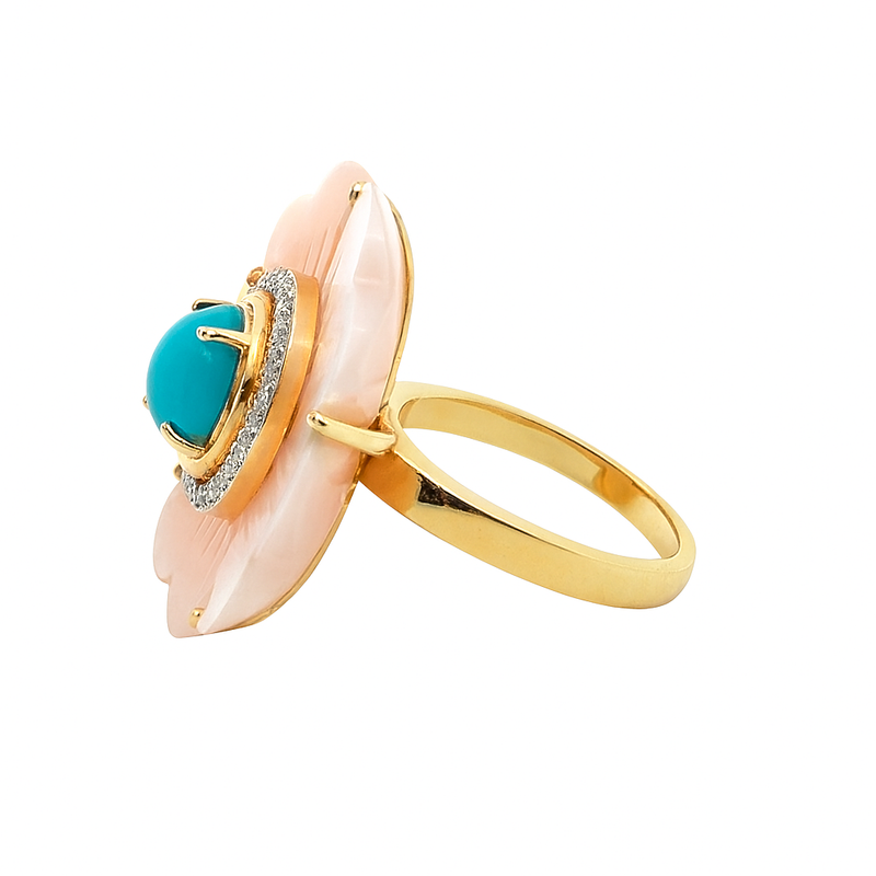 14kt Yellow Gold Pink Opal Floral Turquoise Diamond Ring