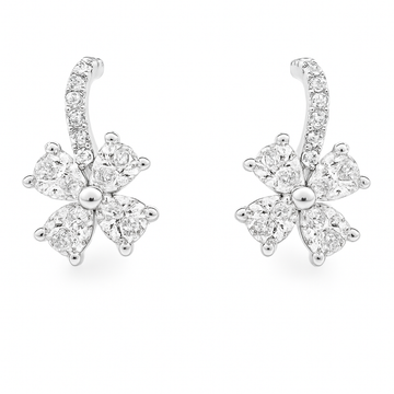 18kt White Gold Curved Bar with Pear Diamond Flower Stud Earrings