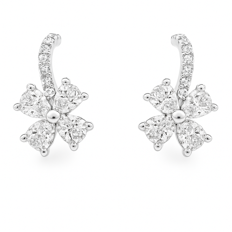 18kt White Gold Curved Bar with Pear Diamond Flower Stud Earrings