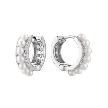 14kt Gold Split Hoop Pearl And Diamond Earrings