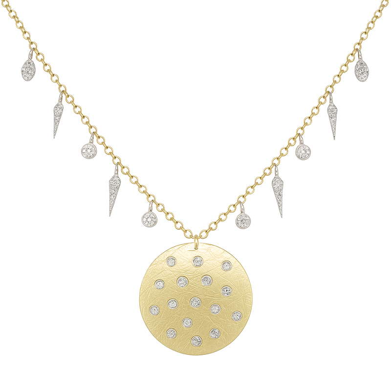 14kt Yellow Gold Gypsy Diamond Disc Pave Dagger Necklace