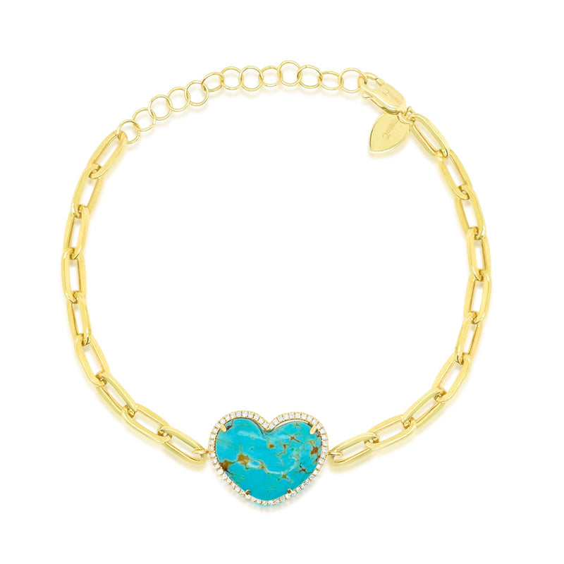 14kt Yellow Gold Diamond Heart Turquoise Paperclip Bracelet