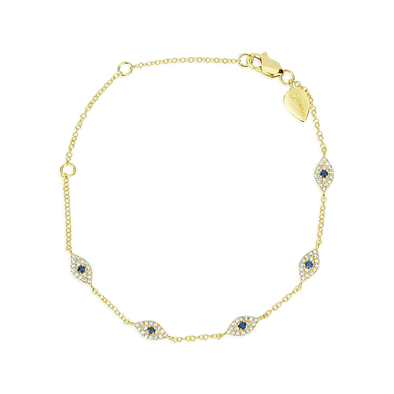 14kt Yellow Gold Diamond and Blue Sapphire Evil Eye Bracelet