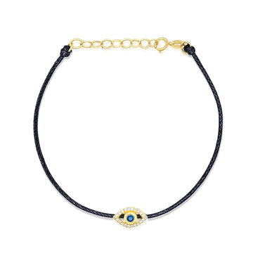 14kt Yellow Gold Evil Eye Black String Bracelet