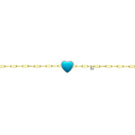 14kt Yellow Gold Diamond Turquoise Small Heart Paperclip Bracelet