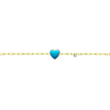 14kt Yellow Gold Diamond Turquoise Small Heart Paperclip Bracelet