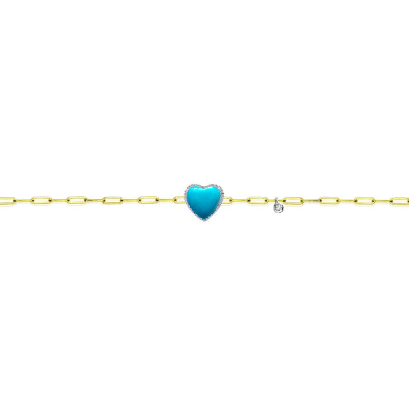 14kt Yellow Gold Diamond Turquoise Small Heart Paperclip Bracelet