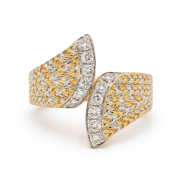 18kt White and Yellow Gold Beaded Pave Curved Ring