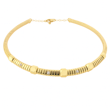 18kt Yellow Gold Ribbed Collar Pave Diamond Bar Necklace