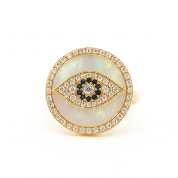 14kt Yellow Gold Mother of Pearl Diamond and Blue Sapphire Evil Eye Ring