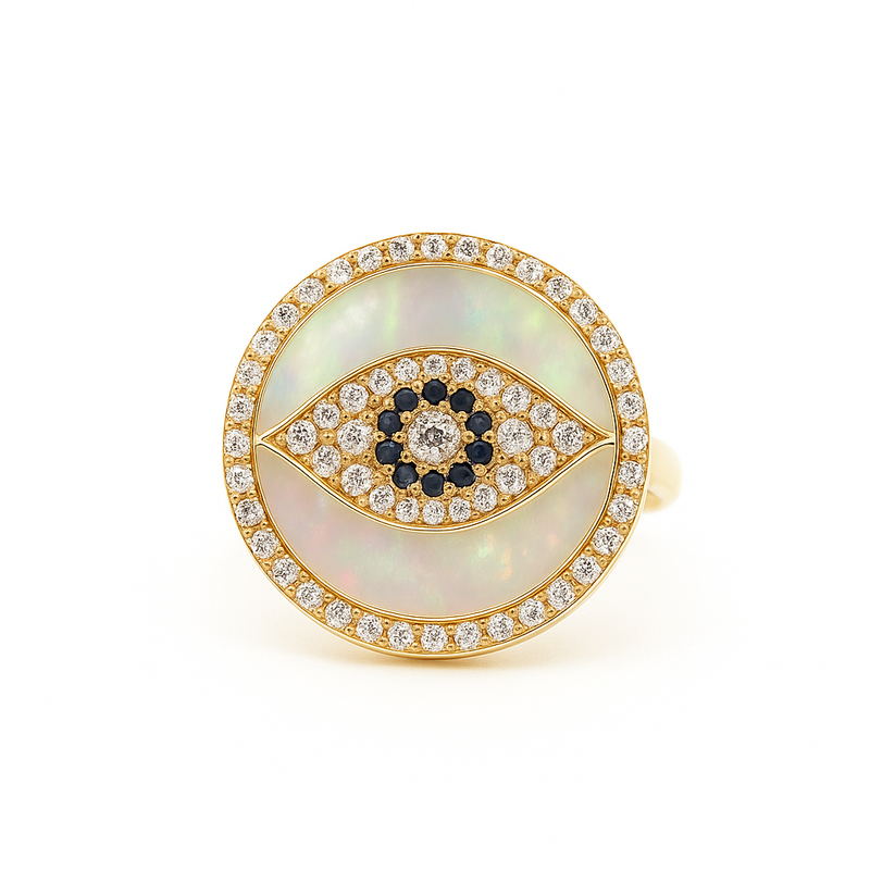 14kt Yellow Gold Mother of Pearl Diamond and Blue Sapphire Evil Eye Ring