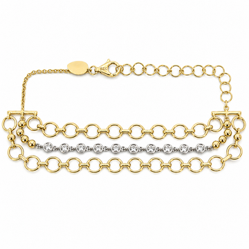 14kt Yellow Gold Three Row Open Circle, Ball & Diamond Bezel Bracelet