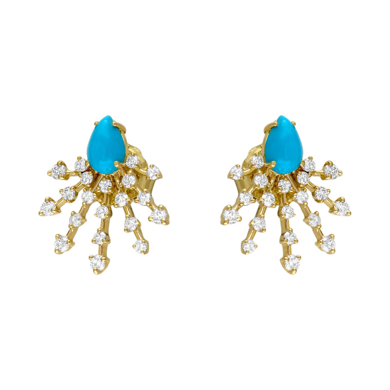 14kt Yellow Gold Diamond and Turquoise Stud Fan Earrings
